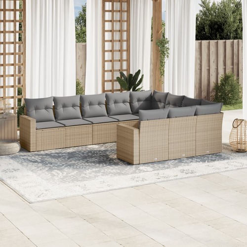 10 Piece Garden Sofa Set with Cushions Beige Poly Rattan