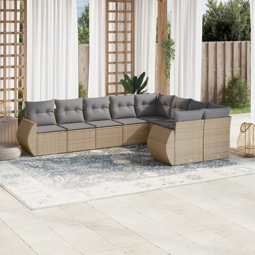 9 Piece Garden Sofa Set with Cushions Beige Poly Rattan