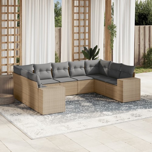 9 Piece Garden Sofa Set with Cushions Beige Poly Rattan