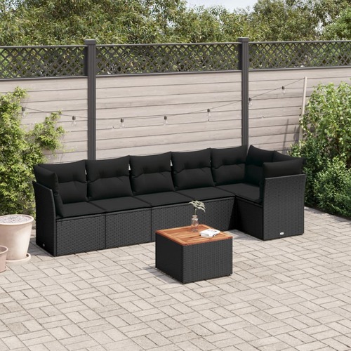 7 Piece Garden Sofa Set with Cushions Black Poly Rattan