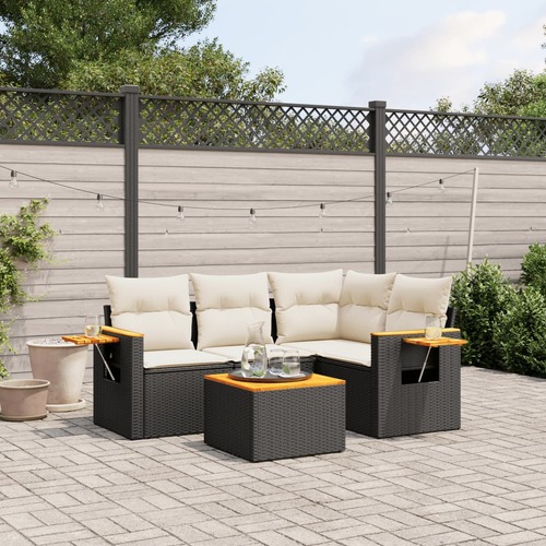 5 Piece Garden Sofa Set with Cushions Black Poly Rattan
