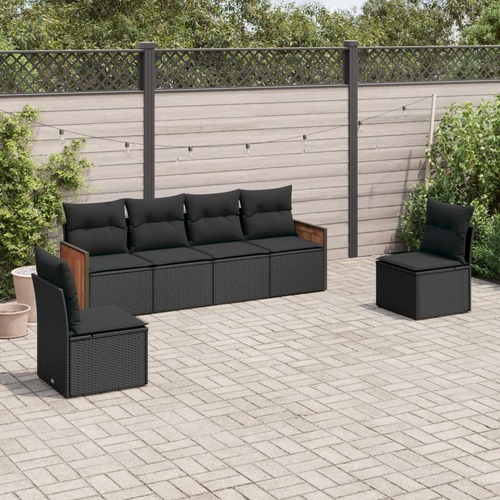 6 Piece Garden Sofa Set with Cushions Black Poly Rattan