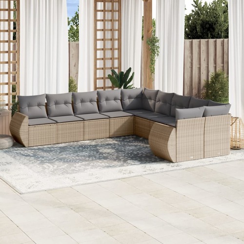 10 Piece Garden Sofa Set with Cushions Beige Poly Rattan