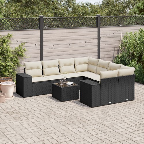 9 Piece Garden Sofa Set with Cushions Black Poly Rattan