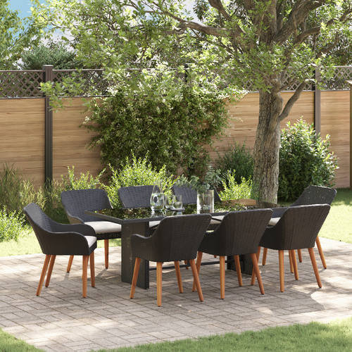 Garden Dining Set with Cushion 9 pcs Black Poly Rattan