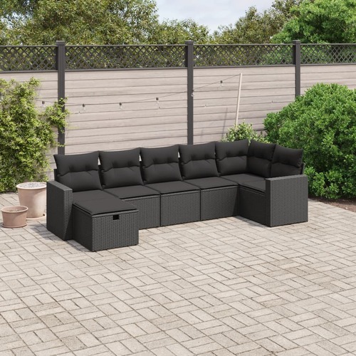 7 Piece Garden Sofa Set with Cushions Black Poly Rattan