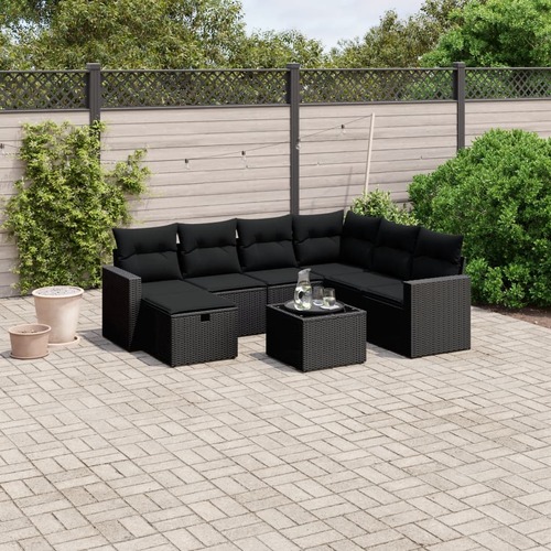 8 Piece Garden Sofa Set with Cushions Black Poly Rattan