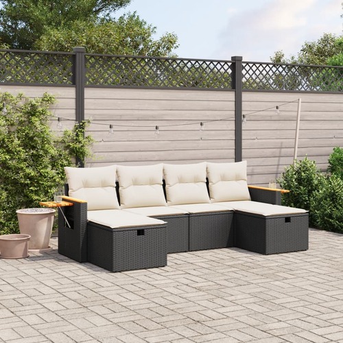 6 Piece Garden Sofa Set with Cushions Black Poly Rattan