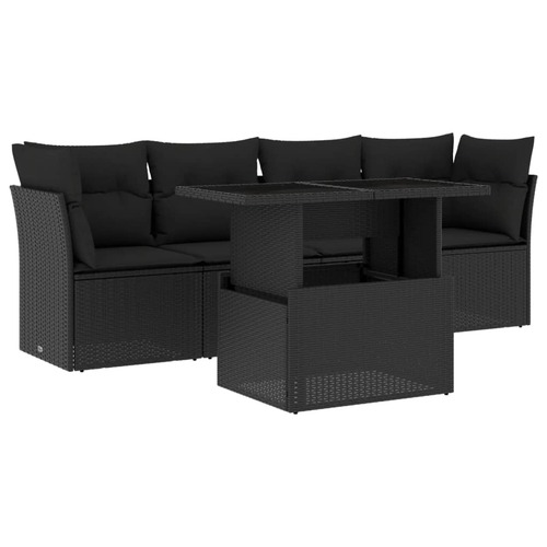 5 Piece Garden Sofa Set with Cushions Black Poly Rattan