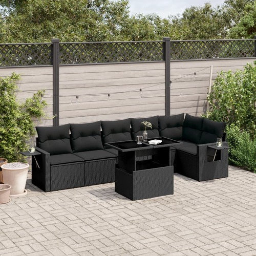 7 Piece Garden Sofa Set with Cushions Black Poly Rattan