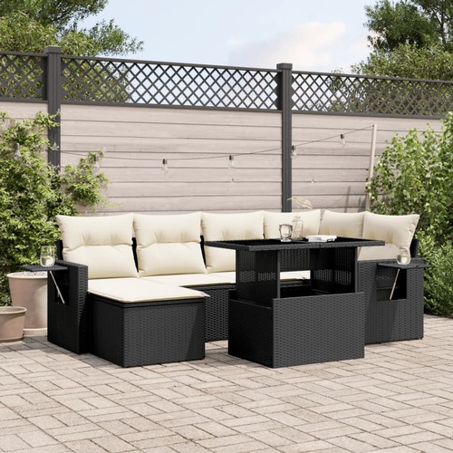 7 Piece Garden Sofa Set with Cushions Black Poly Rattan