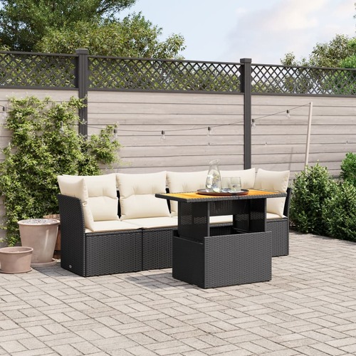 5 Piece Garden Sofa Set with Cushions Black Poly Rattan