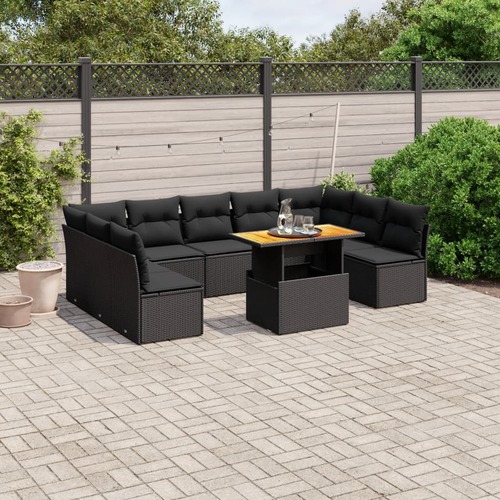10 Piece Garden Sofa Set with Cushions Black Poly Rattan