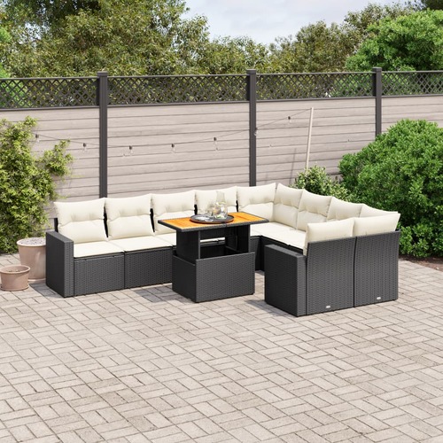 10 Piece Garden Sofa Set with Cushions Black Poly Rattan