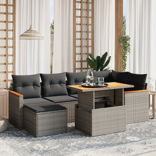 7 Piece Garden Sofa Set with Cushions Grey Poly Rattan