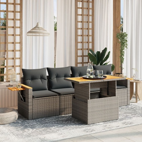 5 Piece Garden Sofa Set with Cushions Grey Poly Rattan