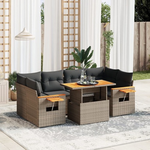 7 Piece Garden Sofa Set with Cushions Grey Poly Rattan
