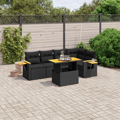 6 Piece Garden Sofa Set with Cushions Black Poly Rattan