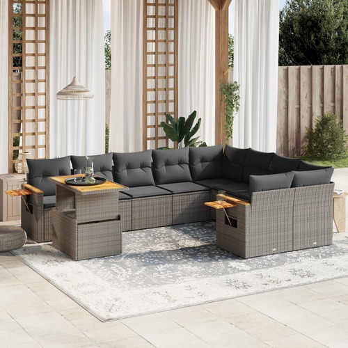 10 Piece Garden Sofa Set with Cushions Grey Poly Rattan