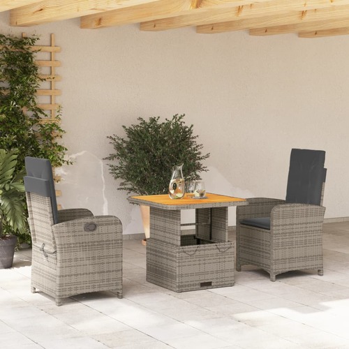 3 Piece Garden Dining Set with Cushions Grey Poly Rattan