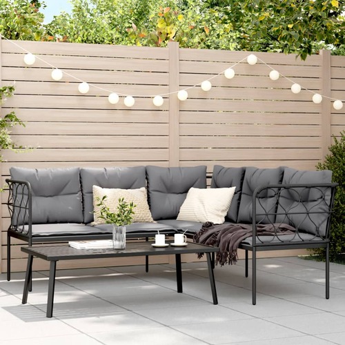 Garden Sofa Set with Cushions Black Steel and Textilene