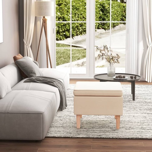 Stool with Wooden Legs Cream Fabric