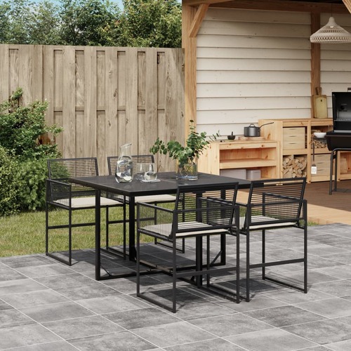 5 Piece Garden Dining Set with Cushions Black Poly Rattan