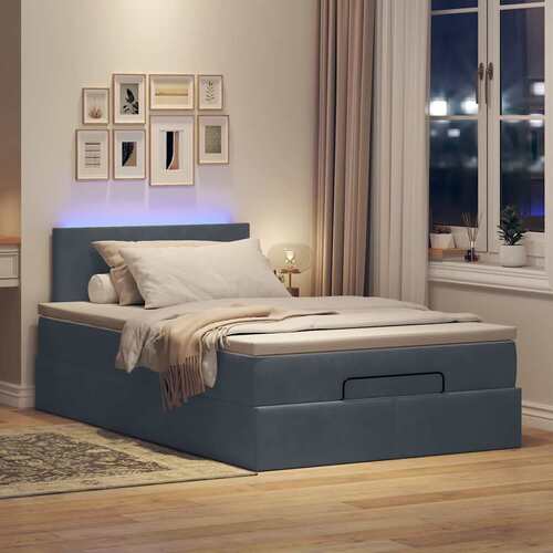 Ottoman Bed with Mattress & LEDs Dark Grey King Single Velvet