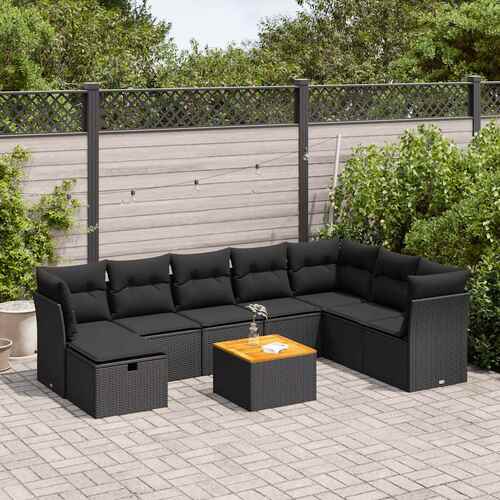 9 Piece Garden Sofa Set with Cushions Black Poly Rattan