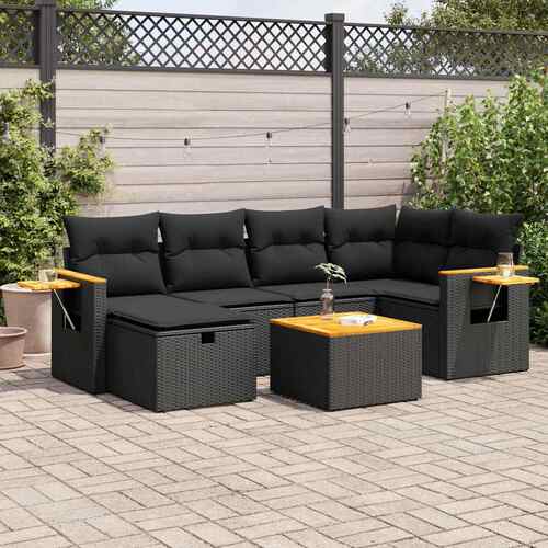 7 Piece Garden Sofa Set with Cushions Black Poly Rattan