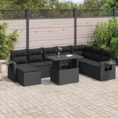 9 Piece Garden Sofa Set with Cushions Black Poly Rattan