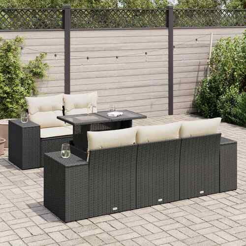 6 Piece Garden Sofa Set with Cushions Black Poly Rattan