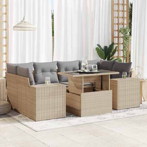 7 Piece Garden Sofa Set with Cushions Beige Poly Rattan