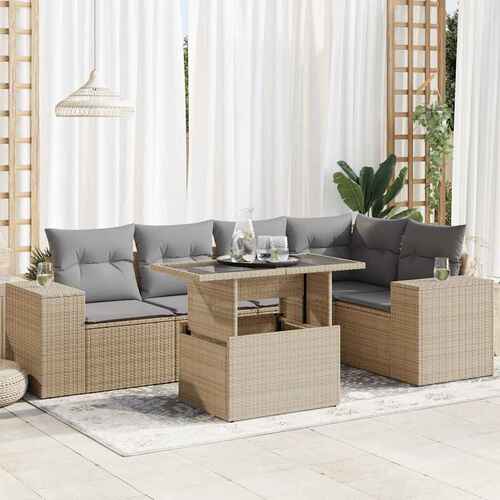 6 Piece Garden Sofa Set with Cushions Beige Poly Rattan