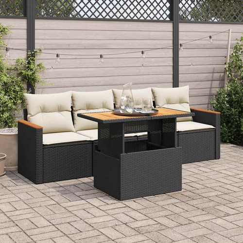 5 Piece Garden Sofa Set with Cushions Black Poly Rattan Acacia