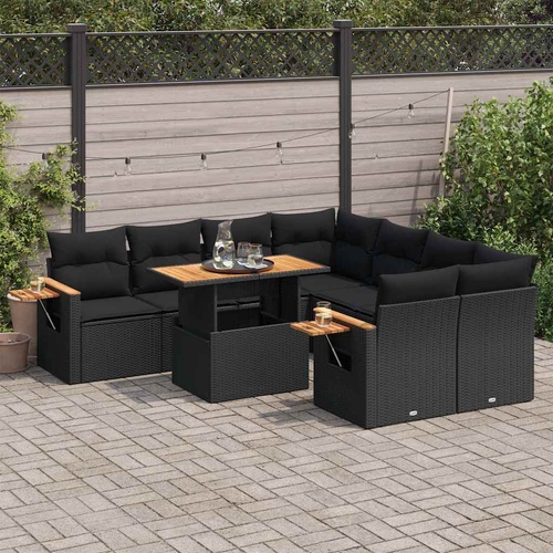 9 Piece Garden Sofa Set with Cushions Black Poly Rattan Acacia