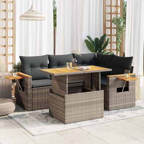 4 Piece Garden Sofa Set with Cushions Grey Poly Rattan Acacia