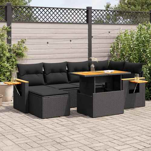 7 Piece Garden Sofa Set with Cushions Black Poly Rattan Acacia