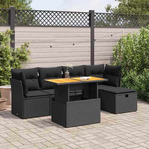 6 Piece Garden Sofa Set with Cushions Black Poly Rattan Acacia