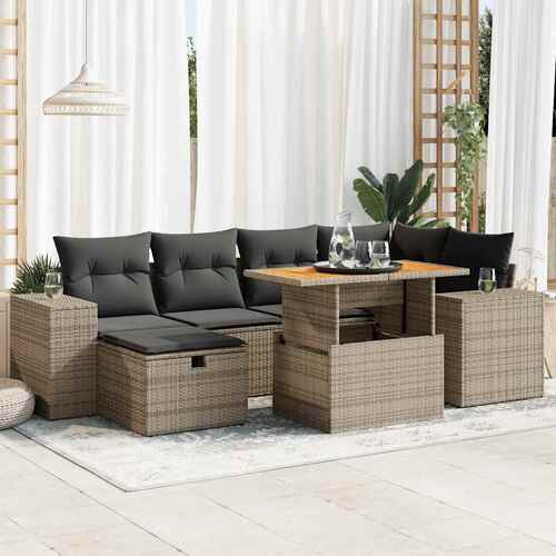 8 Piece Garden Sofa Set with Cushions Grey Poly Rattan Acacia