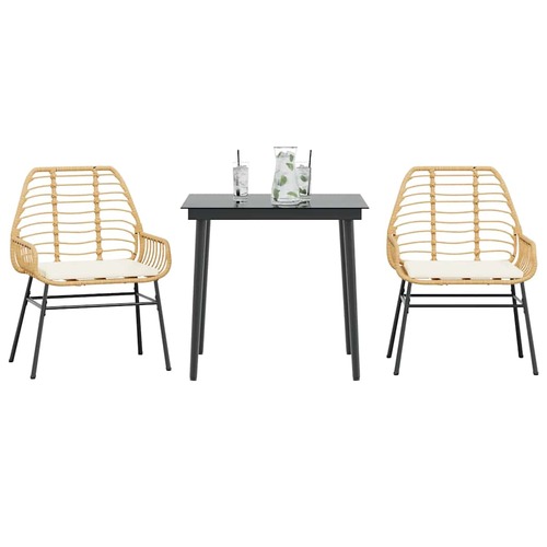 3 Piece Garden Dining Set with Cushions Brown Poly Rattan Glass