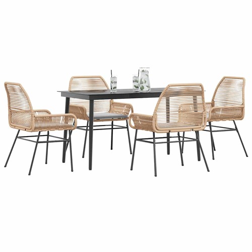 5 Piece Garden Dining Set with Cushions Brown Poly Rattan Glass