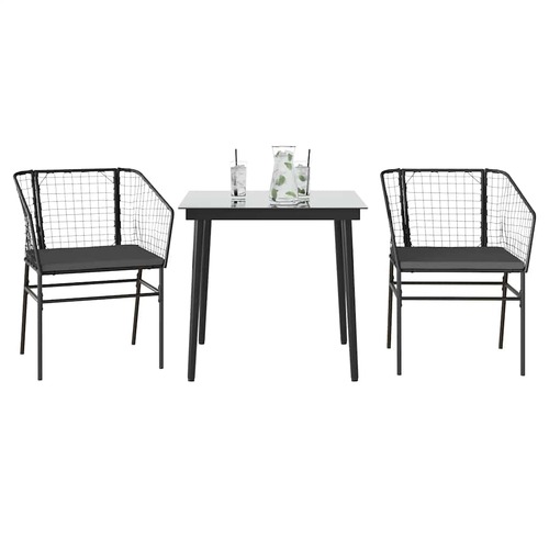 3 Piece Garden Dining Set with Cushions Black Poly Rattan Glass
