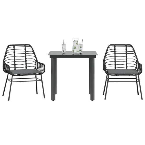 3 Piece Garden Dining Set with Cushions Black Poly Rattan Glass
