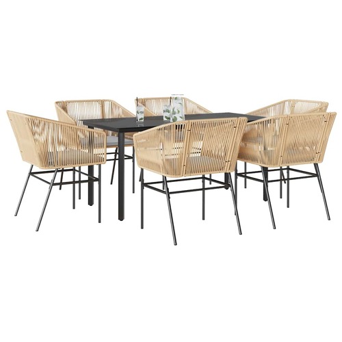 7 Piece Garden Dining Set with Cushions Brown Poly Rattan Glass