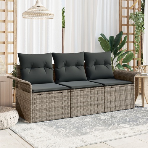 Sofa Set with Cushion 3 pcs Grey Poly Rattan