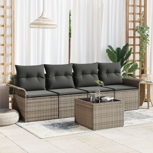 Sofa Set with Cushion 5 pcs Grey Poly Rattan