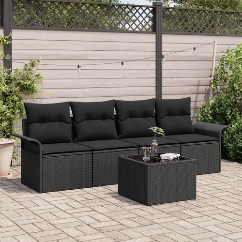 Sofa Set with Cushion 5 pcs Black Poly Rattan