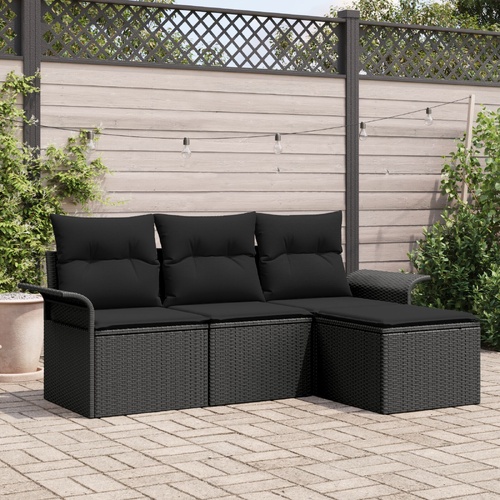 Sofa Set with Cushion 4 pcs Black Poly Rattan