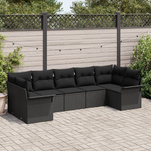 7 Piece Garden Sofa Set with Cushions Black Poly Rattan